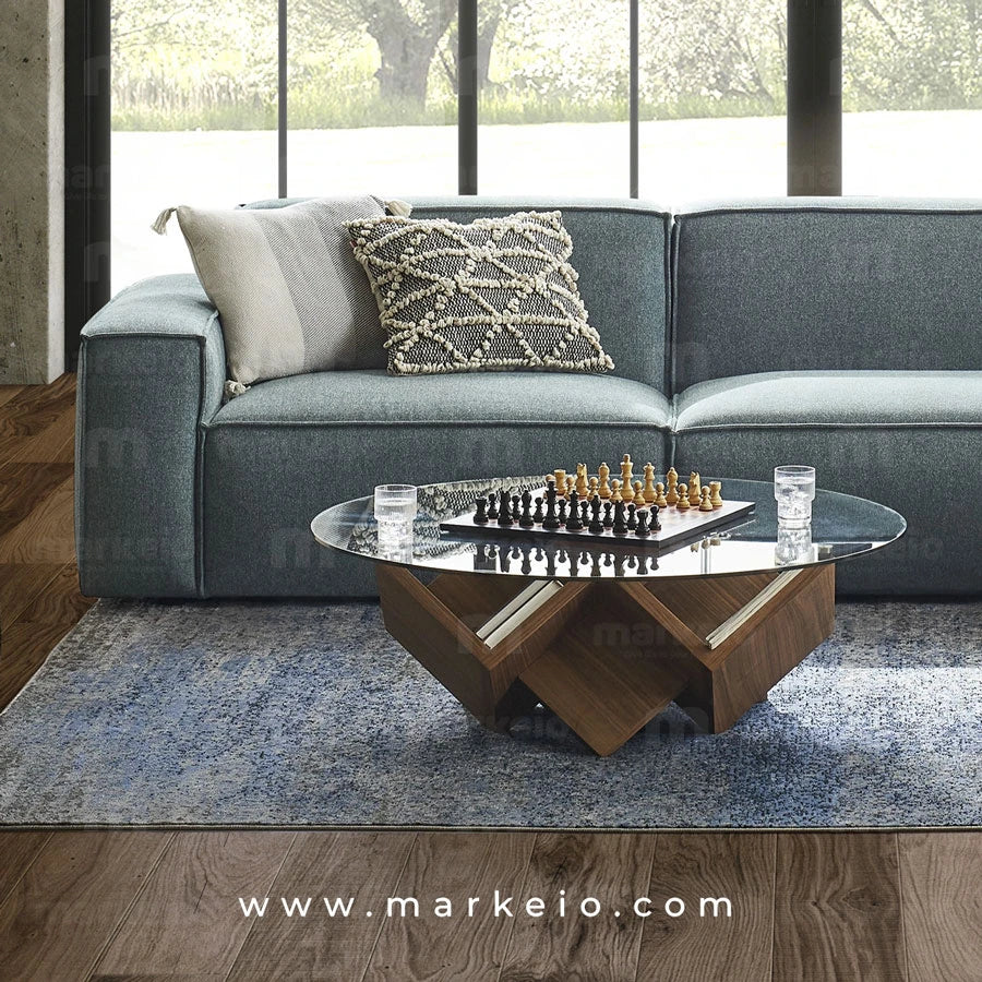 Table basse Ergonoma en bois de noyer et verre trempé