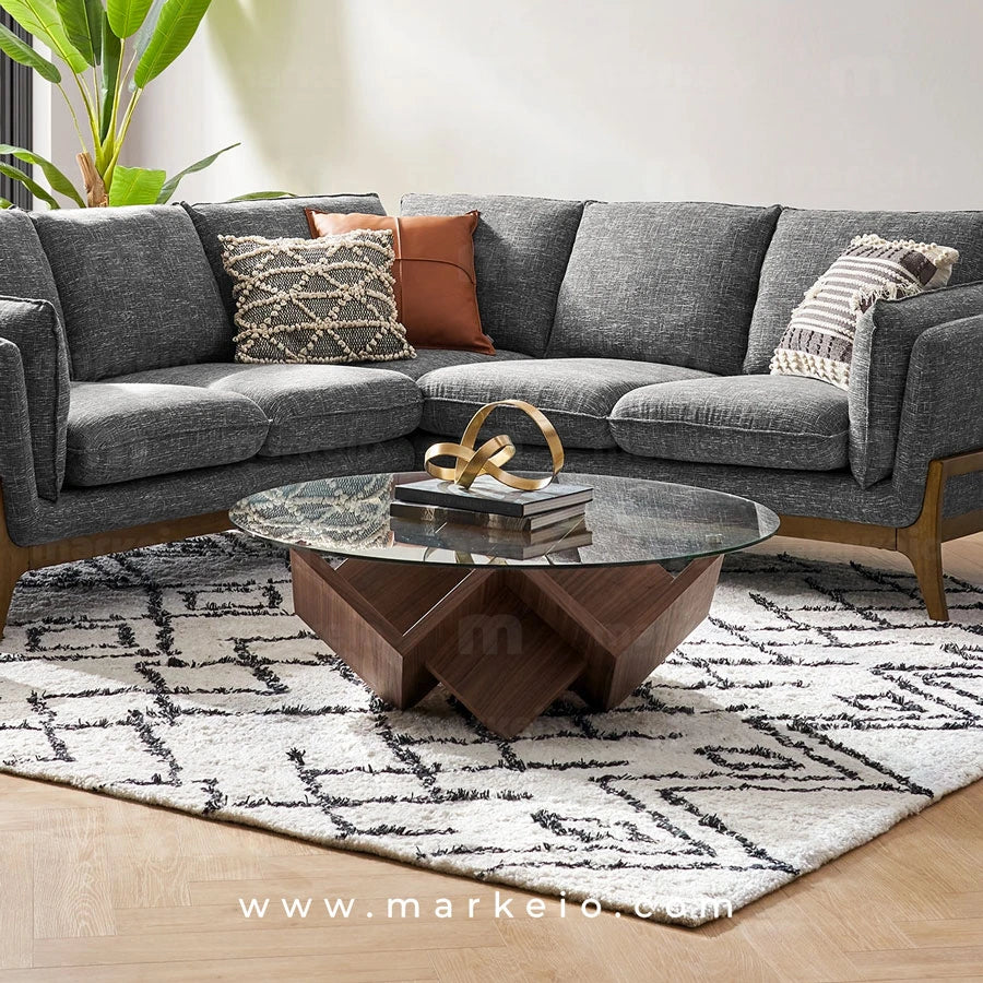 Table basse Ergonoma fabriquée en MDF hydrofuge plaqué noyer naturel, style contemporain