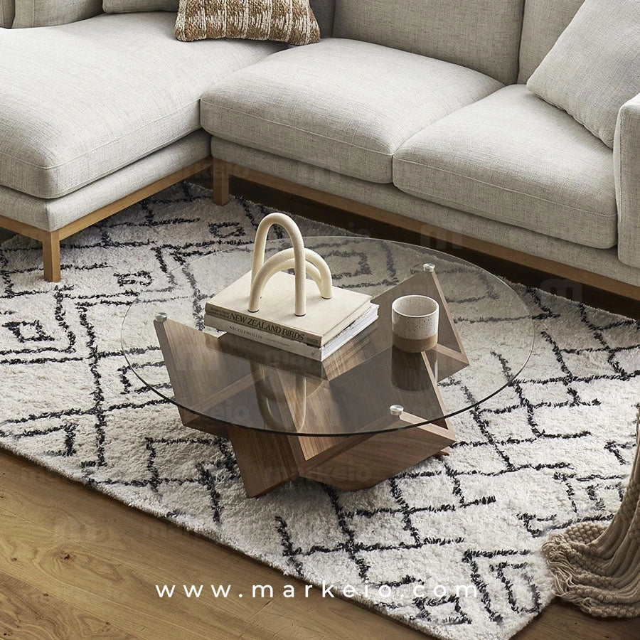 Table basse Ergonoma en noyer et verre trempé, design moderne au Maroc