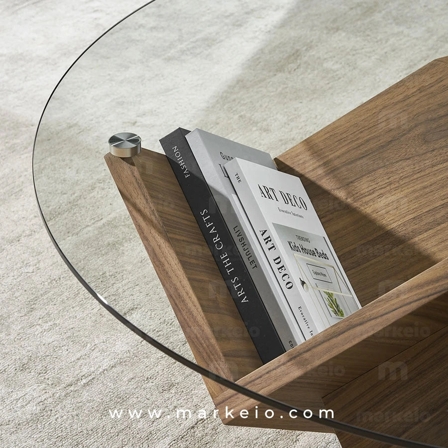 Table basse en bois de noyer et verre trempé