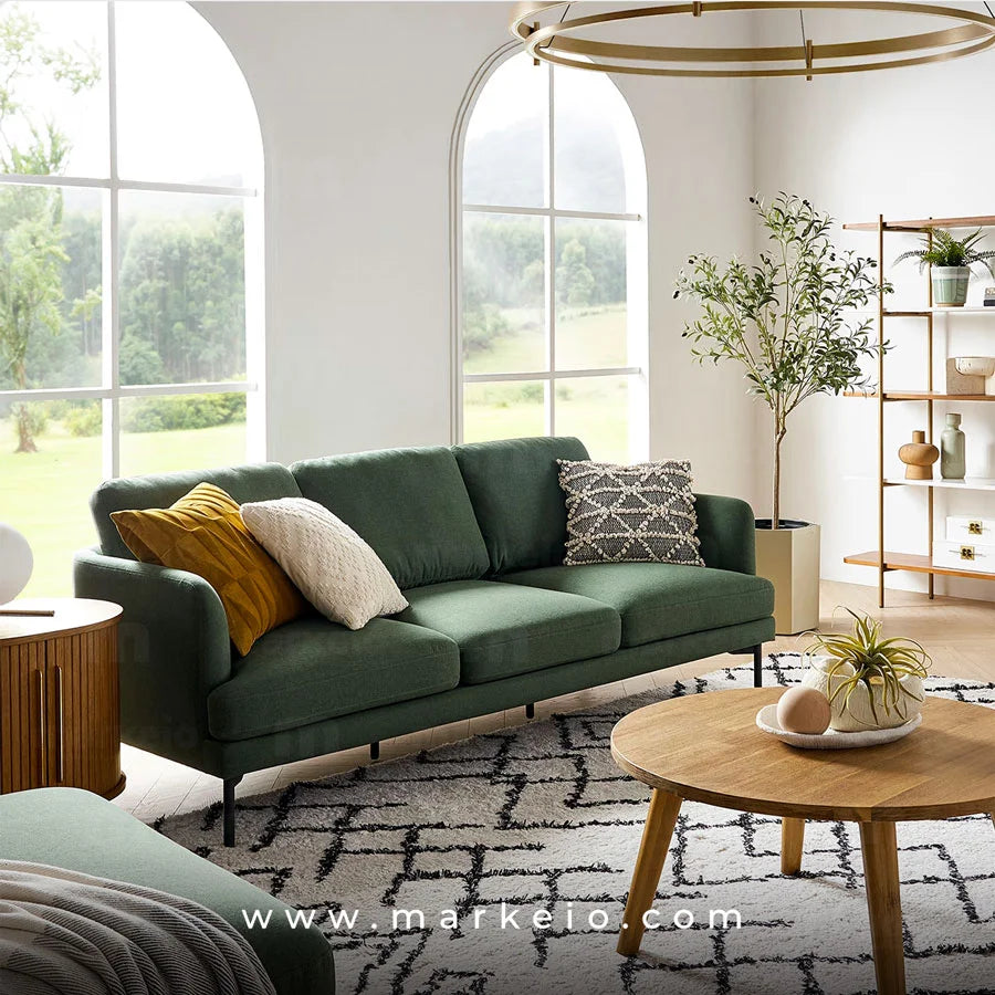 Canapé 3 Places Moderne – Tissu Multicouleur Motif Abstrait – Avec Coussins