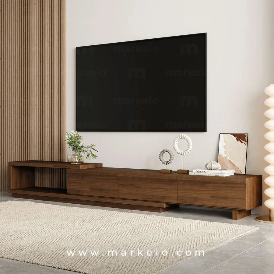 Meuble de télévision architectural avec trois tiroirs spacieux.