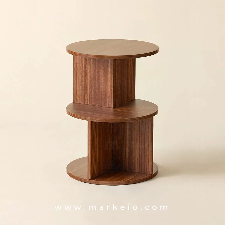 Bout de canapé moderne à deux niveaux en finition bois noyer.