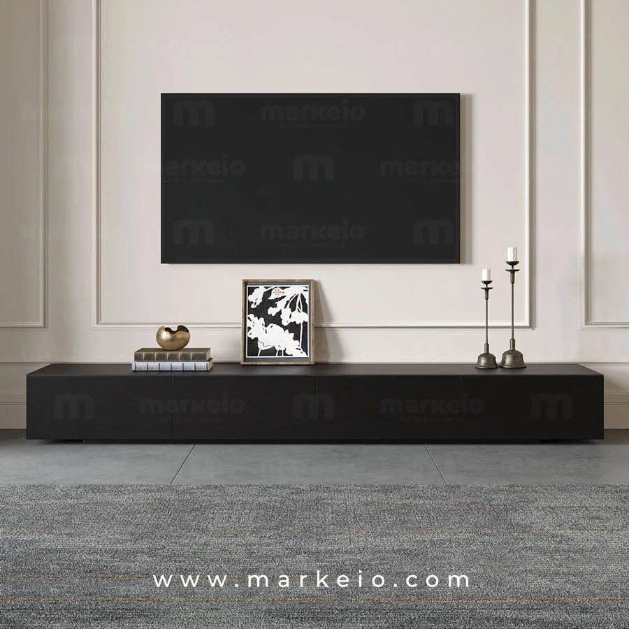 Meuble TV robuste effet bois noir idéal pour les grands écrans.