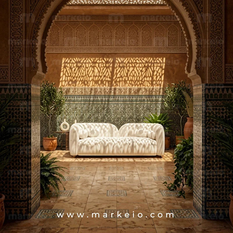 Canapé Almos dans un salon marocain avec zelliges traditionnels et décoration raffinée.