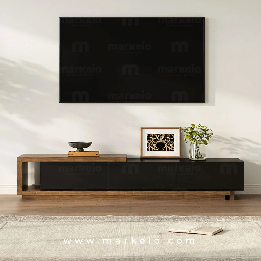 Meuble de salon contemporain ajustable en longueur noir et bois.