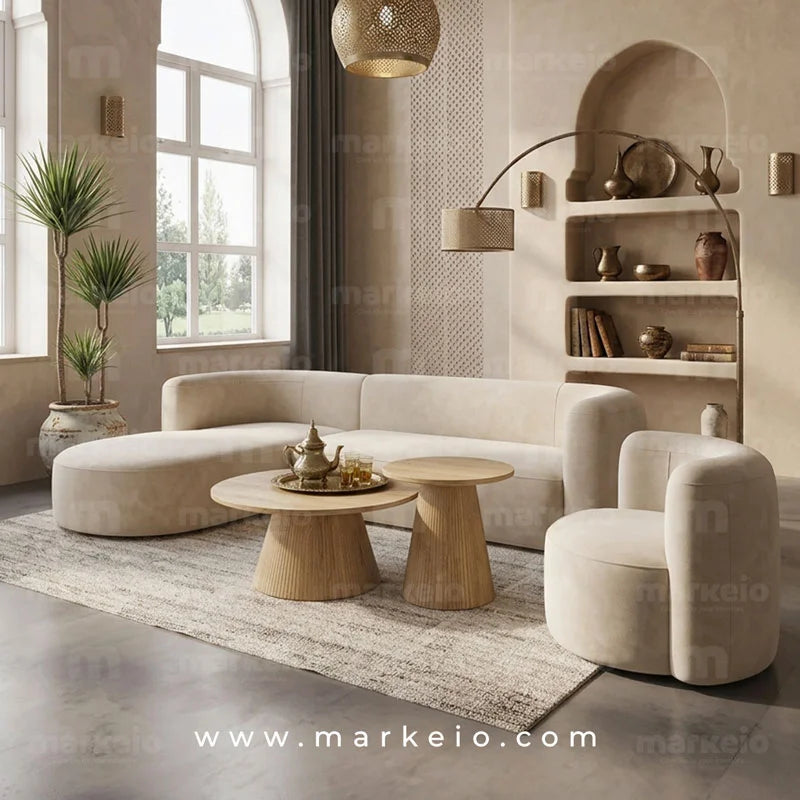 Ello Pack canapé d’angle beige avec fauteuil assorti design contemporain – Markeio Maroc
