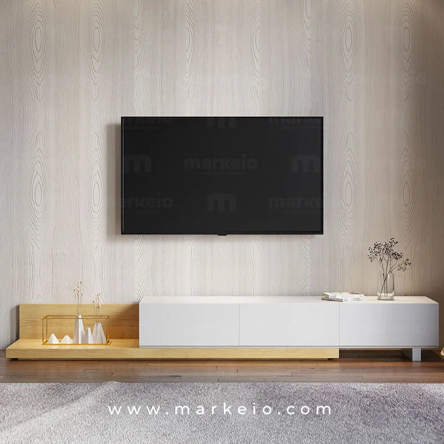 Vue détaillée du veinage chêne et du fini blanc du meuble Tensi.