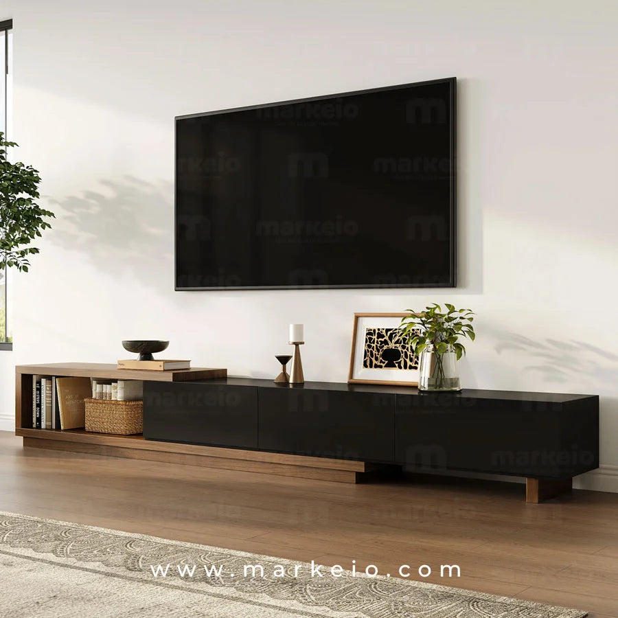 Meuble TV Moder extensible en noir mat et placage noyer à 3 tiroirs.