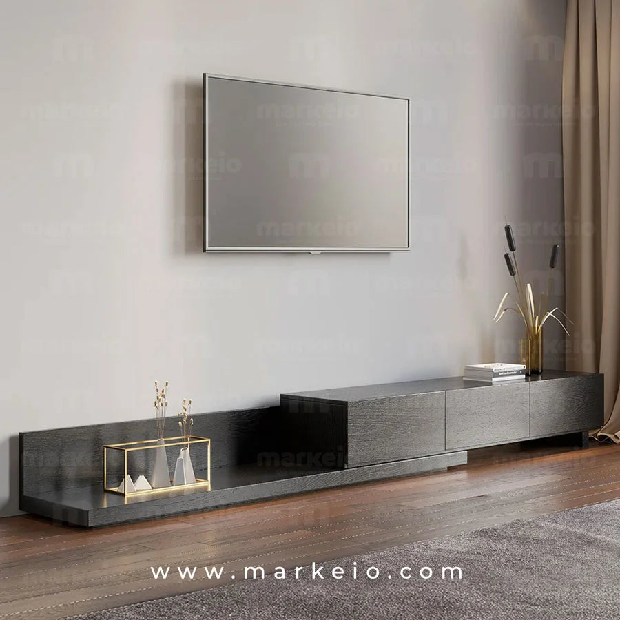 Meuble TV Tensi noir avec texture bois apparente et design moderne.