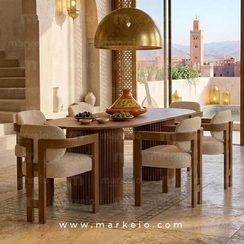 Olevano Pack table à manger design avec 6 chaises Sedia beige et bois brun – Markeio Maroc