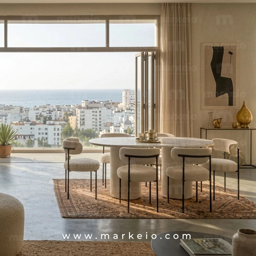 Vue d'ensemble de la salle à manger moderne Pack Olevano avec 6 chaises.