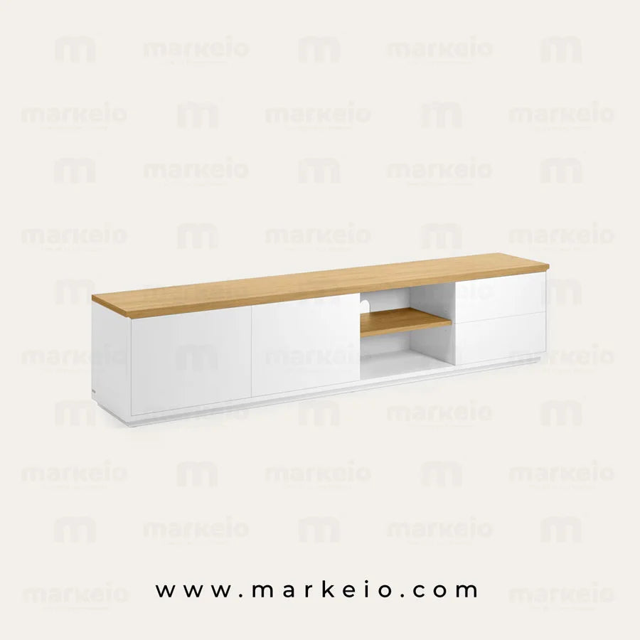 Meuble bas de salon Kleno par Markeio, alliance chêne et blanc.