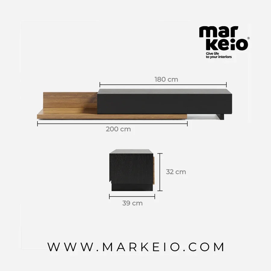 Meuble TV Ensi de Markeio avec plateforme décorative intégrée.