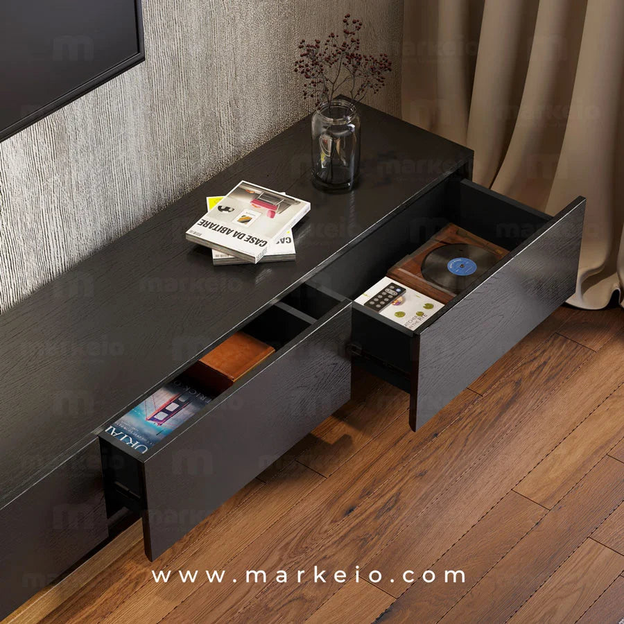 Grand meuble TV noir au style architectural pour écran plat.