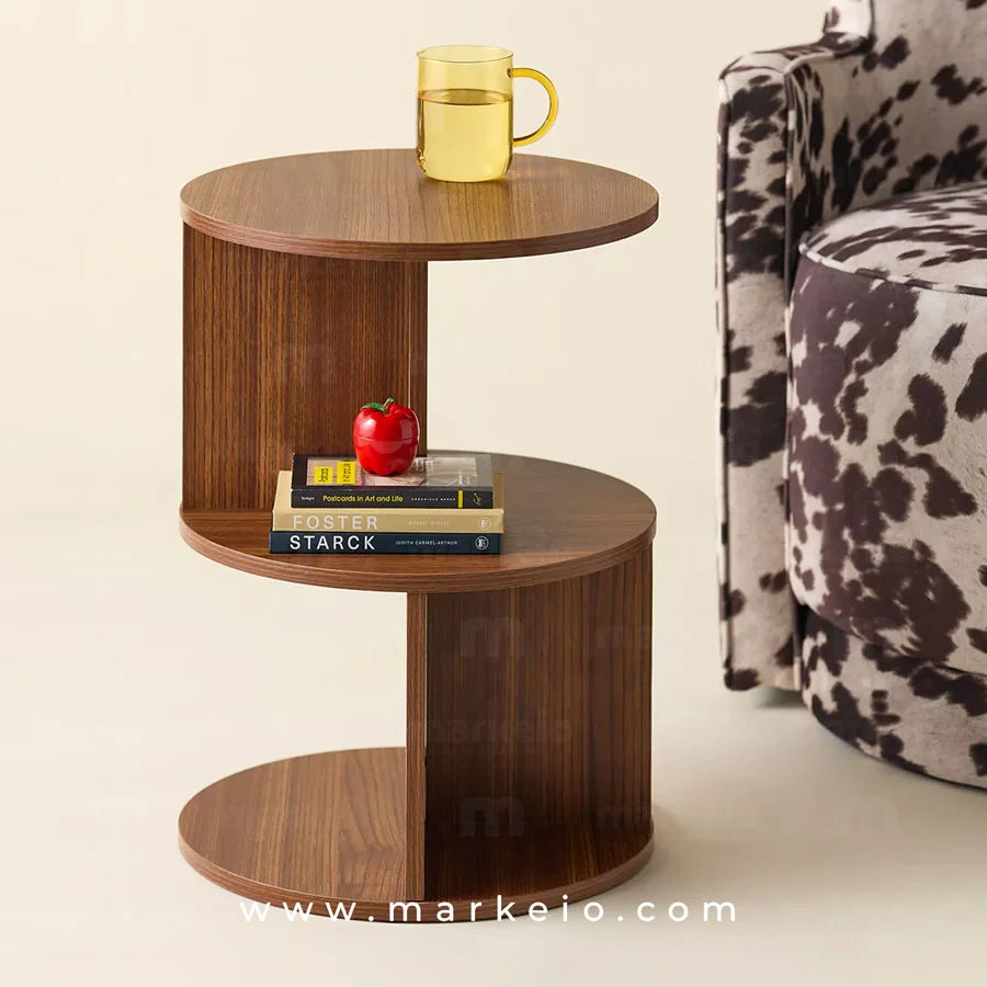 Table d'appoint Diviser en noyer avec double plateau circulaire.