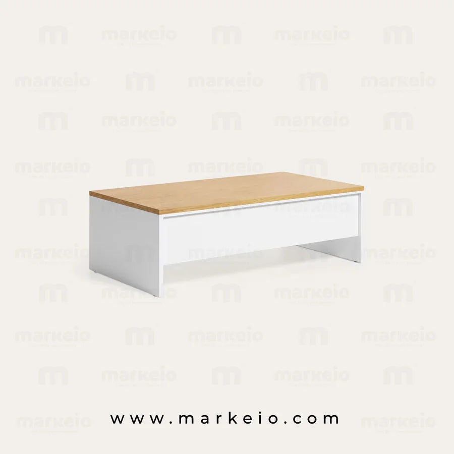 Table basse Kleno avec plateau en chêne et structure en MDF blanc.