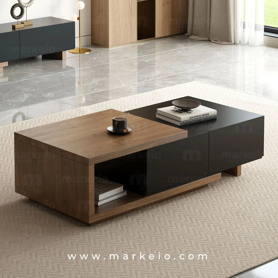 Table basse Moder extensible en noir mat et placage noyer avec 2 tiroirs.