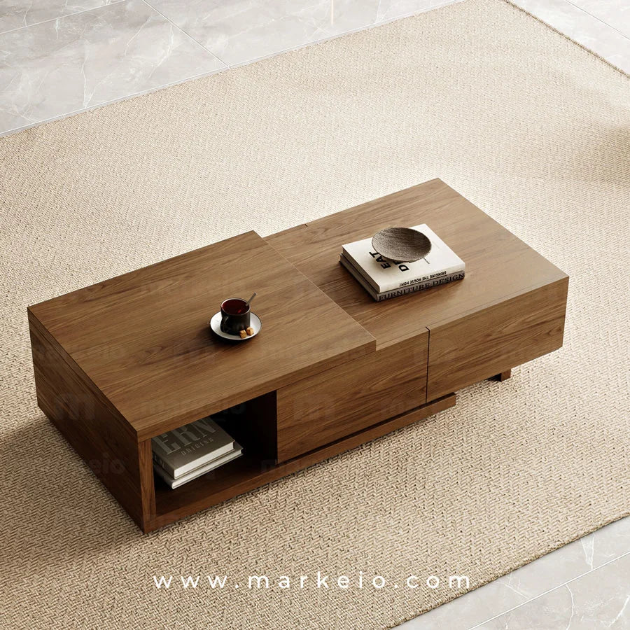 Table basse rectangulaire en bois noble avec rangements intégrés.