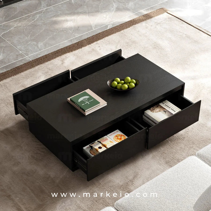 Table basse Recto en bois noir avec 4 tiroirs de rangement intégrés.