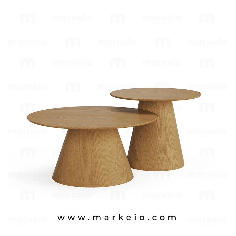 Table basse ronde en bois de chêne clair au design minimaliste.