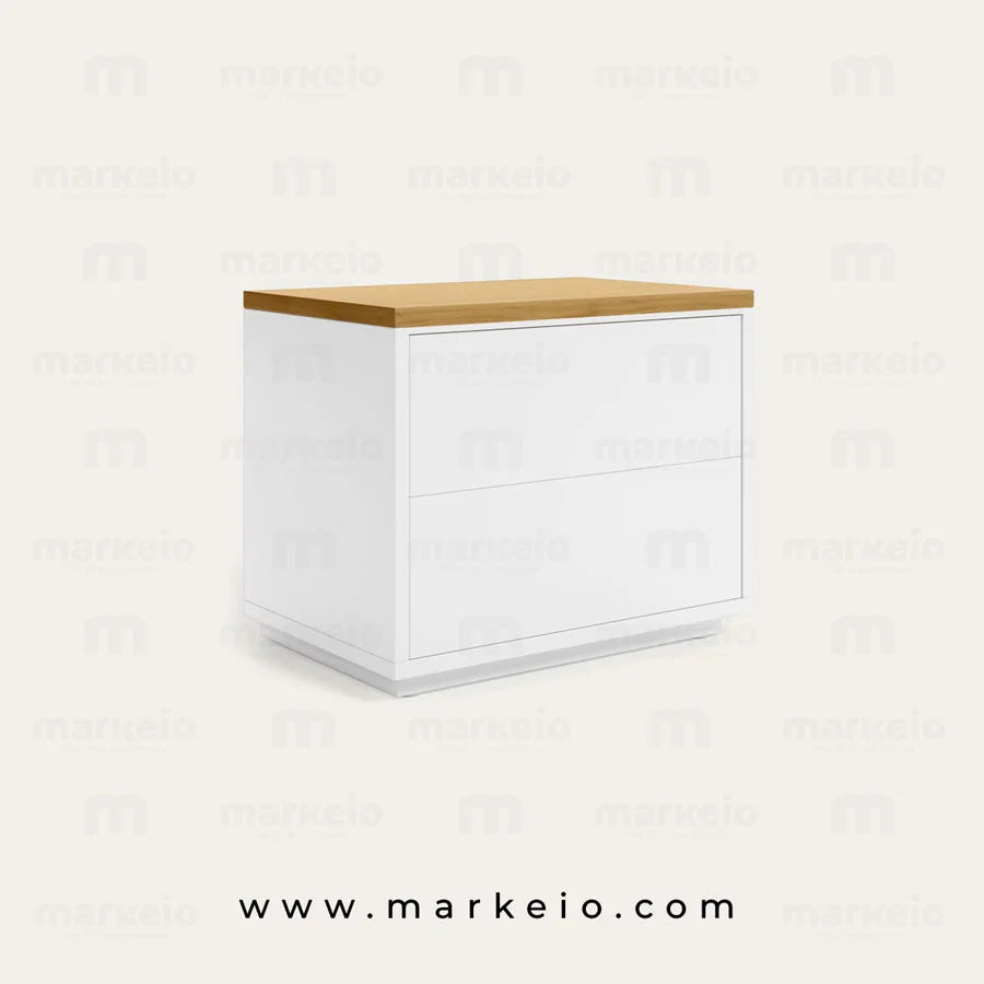 Table de nuit minimaliste blanche et bois pour chambre contemporaine.