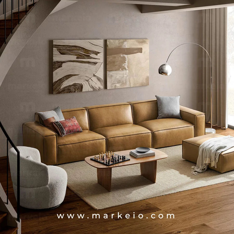 Vue d'ensemble du canapé 3 places Divano marron caramel