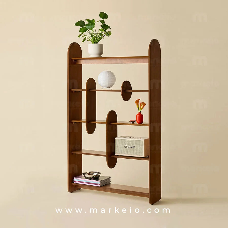 Bibliothèque Abstra en MDF noyer avec cinq niveaux de rangement.