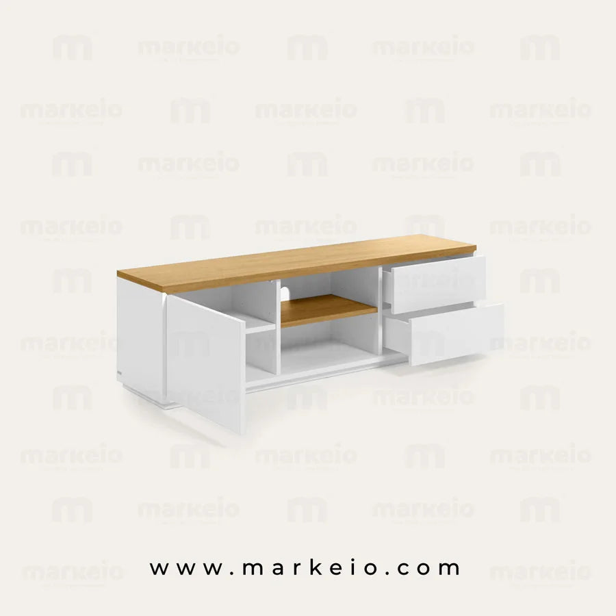 Rangement multimédia blanc mat et bois au style scandinave.