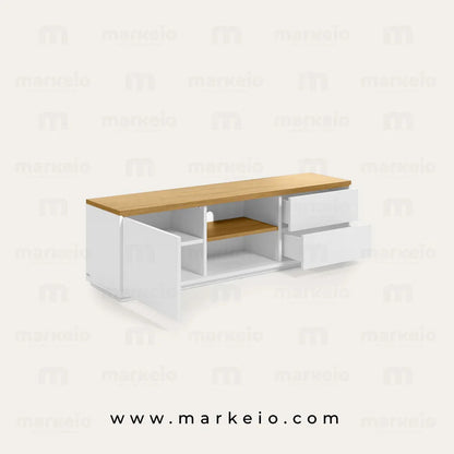 Rangement multimédia blanc mat et bois au style scandinave.