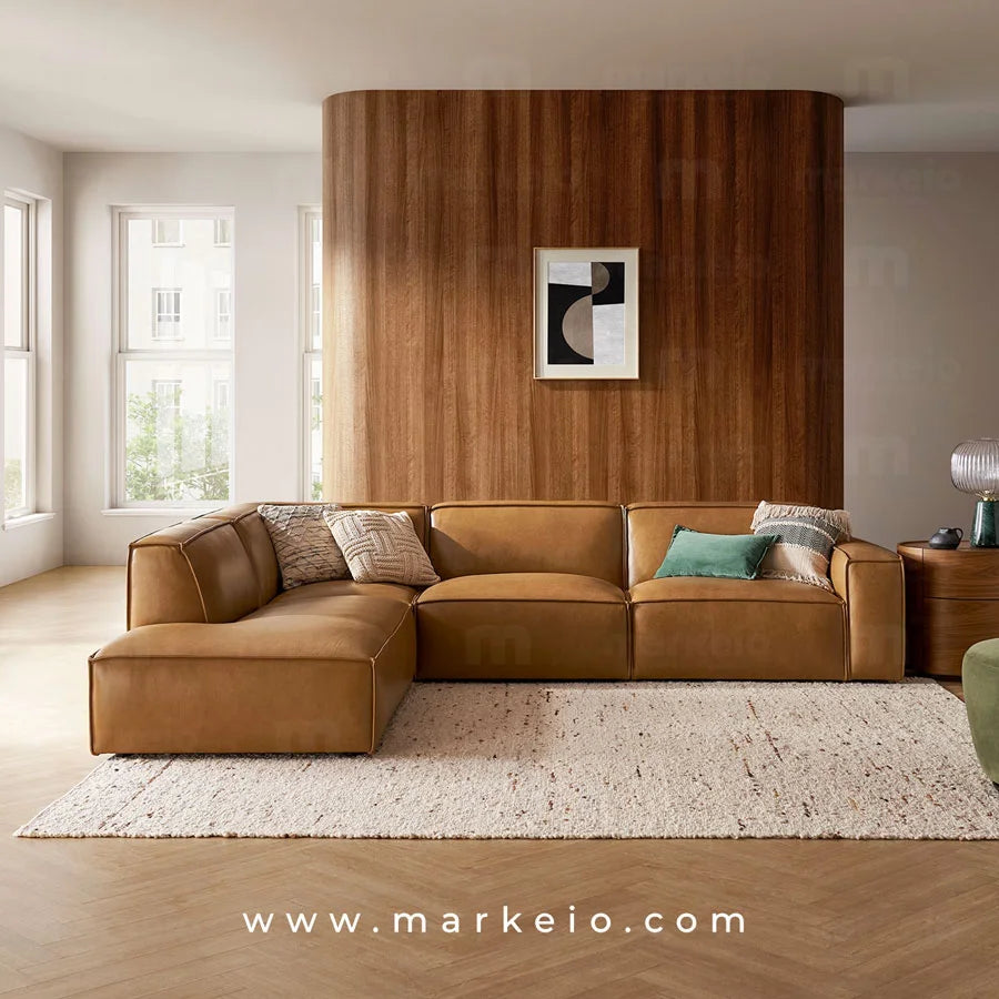 Canapé d'angle Divano en similicuir marron caramel pour grand salon au Maroc.