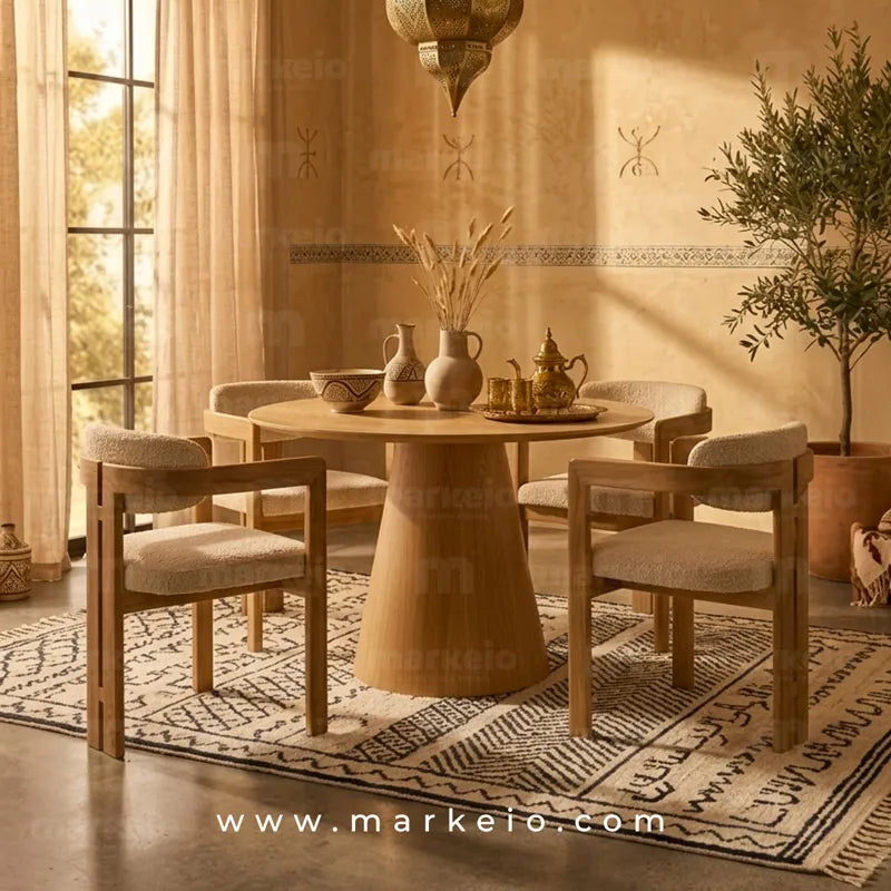 Conik Pack chêne avec table à manger ronde à pied central sculptural et chaises design aux assises beige.