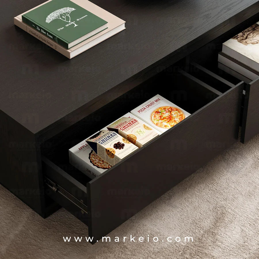 Détail de la finition bois noir de la table basse rectangulaire Recto.