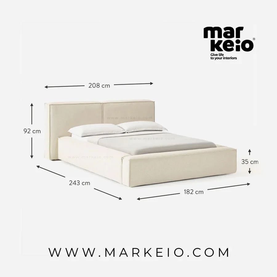 Schéma technique montrant les dimensions détaillées (longueur, largeur, hauteur) et la capacité du coffre de rangement du lit Divano.