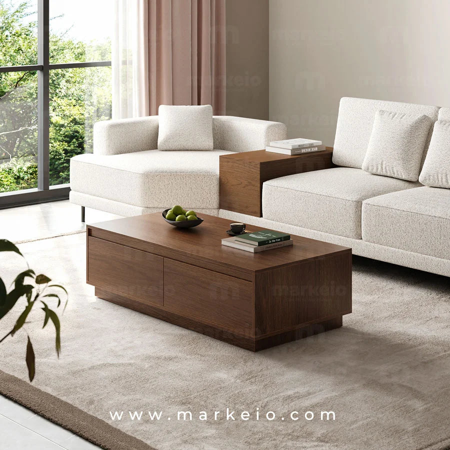 Grande table basse avec tiroirs coulissants pour un salon ordonné.