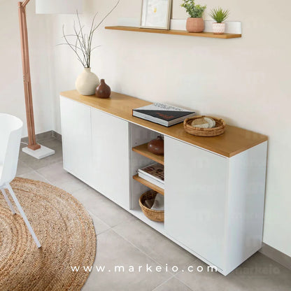 Meuble de rangement blanc laqué et bois avec système push-to-open.