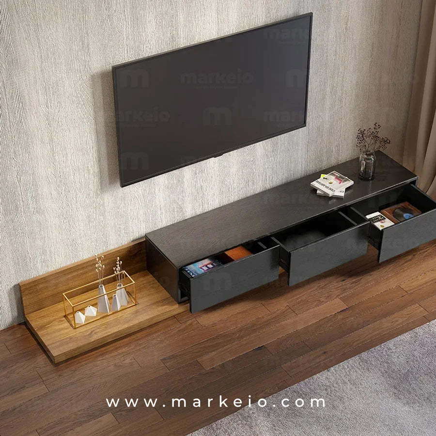 Design asymétrique pour ce meuble TV contemporain en bois et noir.