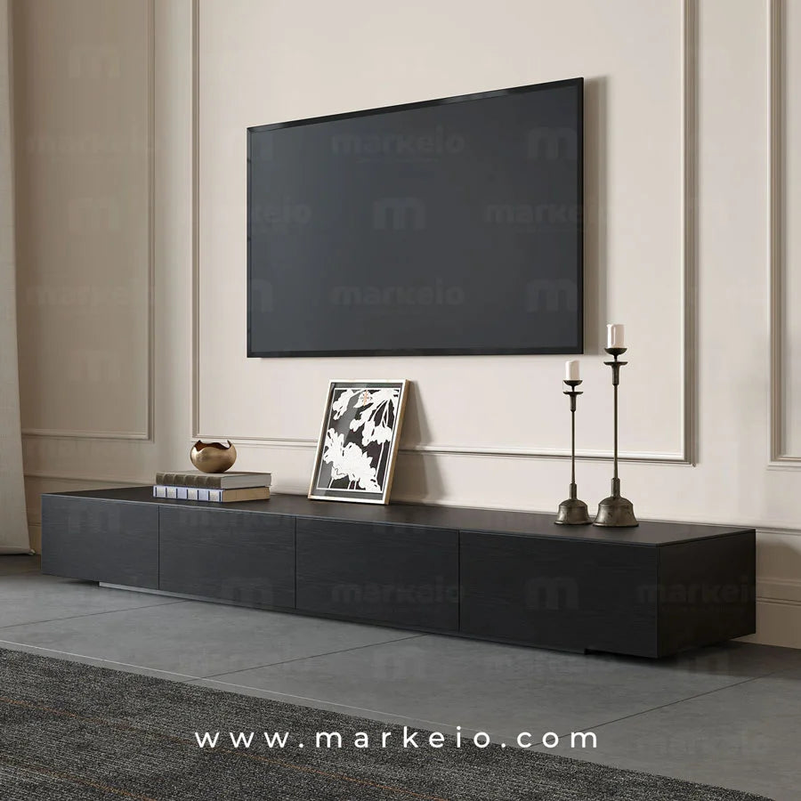 Meuble TV Ellens avec finition effet bois noir et design minimaliste.