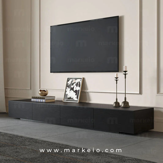 Meuble TV Ellens avec finition effet bois noir et design minimaliste.