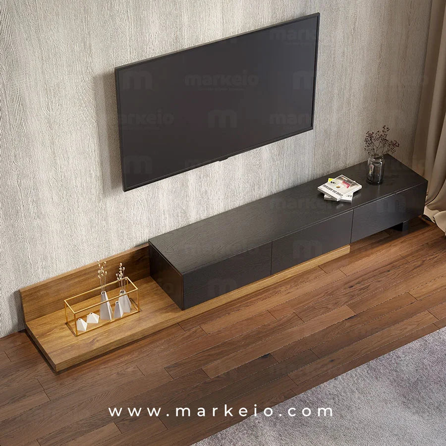 Meuble TV extensible Ensi avec caisson noir et base en bois de noyer.