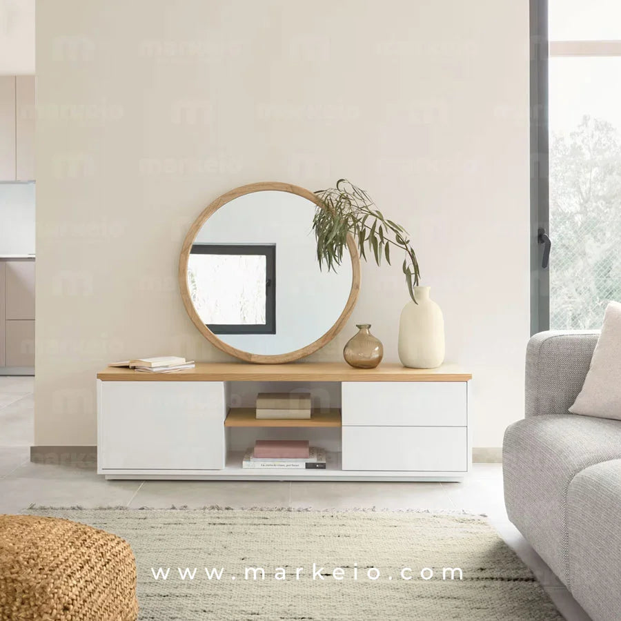 Meuble TV Kleno avec plateau en chêne clair et façades blanches.