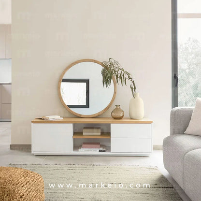 Meuble TV Kleno avec plateau en chêne clair et façades blanches.