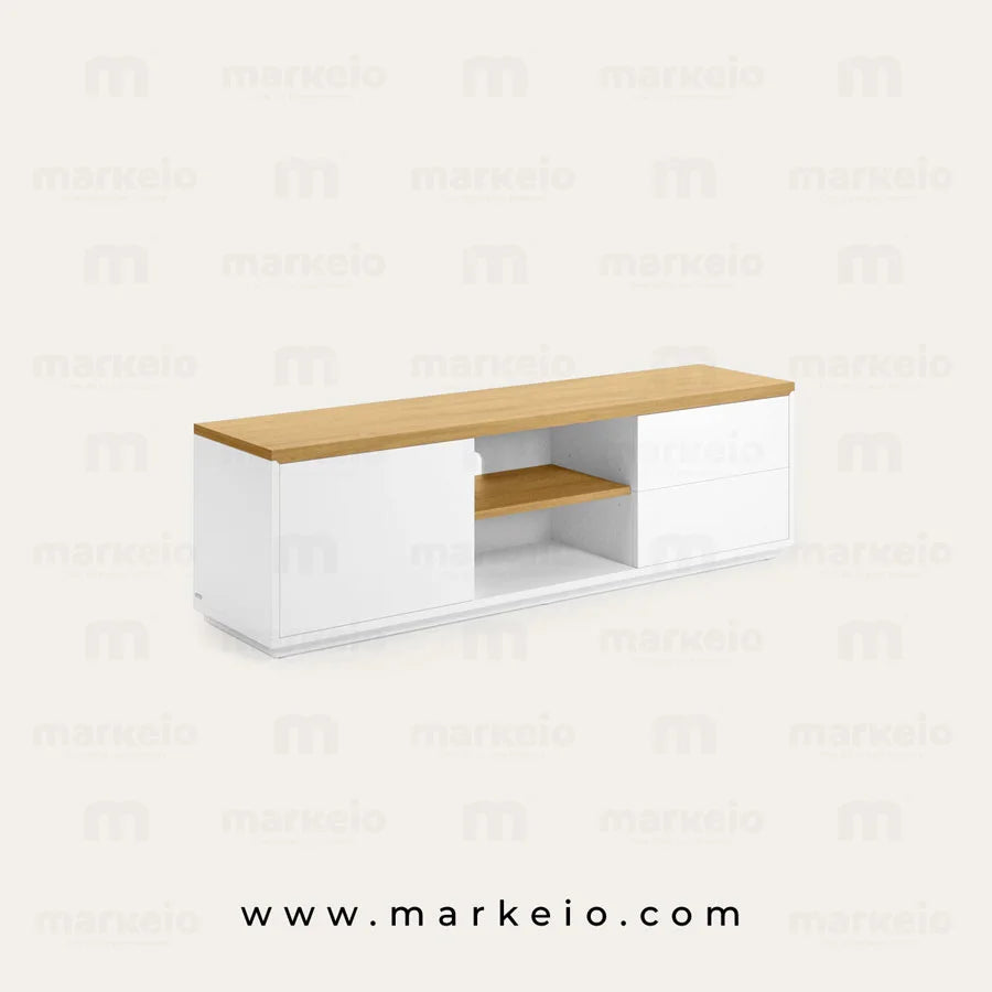 Meuble TV au design minimaliste blanc et bois pour salon moderne.