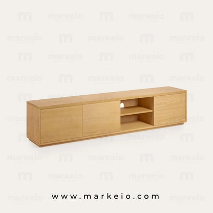 Rangement multimédia robuste en bois de chêne au style intemporel.