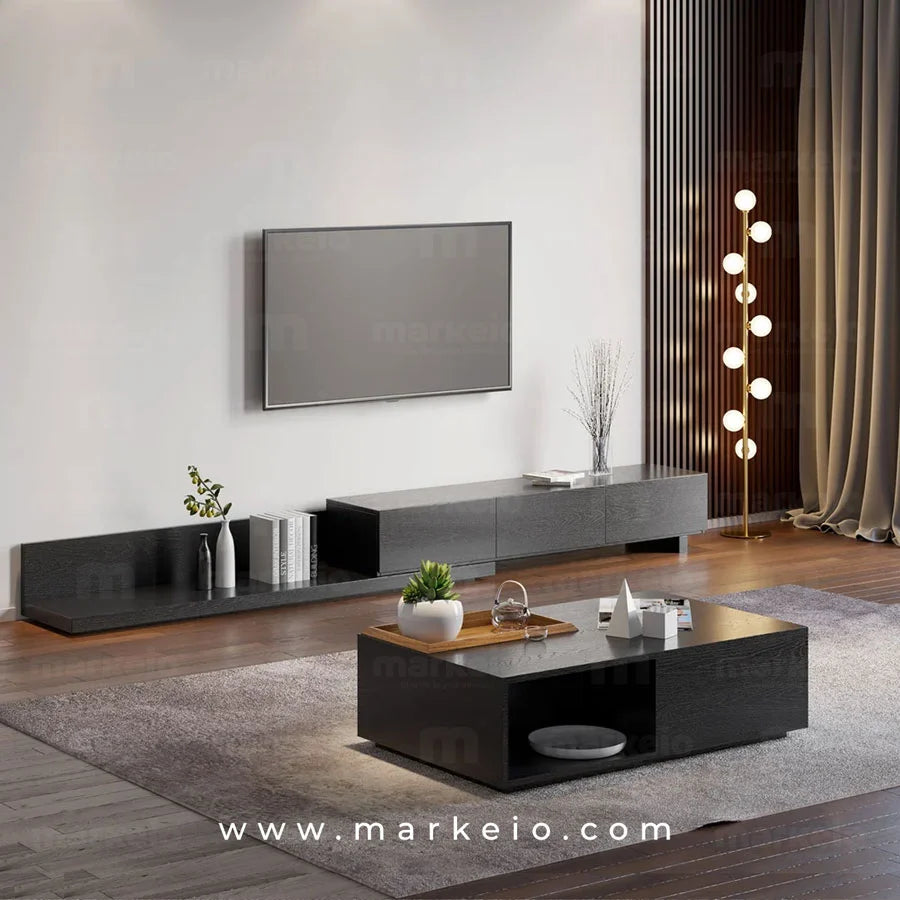 Rangement multimédia noir mat robuste avec système de gestion de câbles.