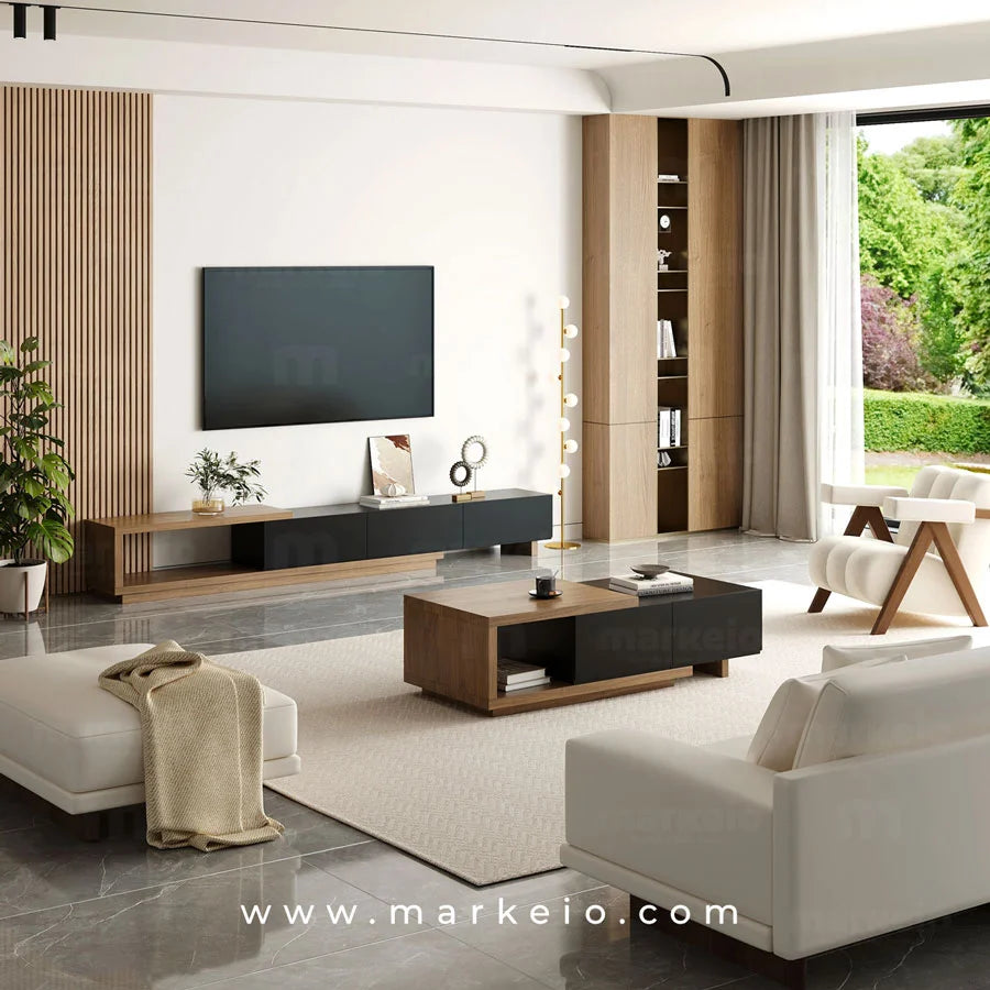 Meuble de salon architectural avec système d'extension fluide.