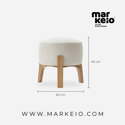 Détail du tissu bouclette et de la structure en bois du pouf Snow.