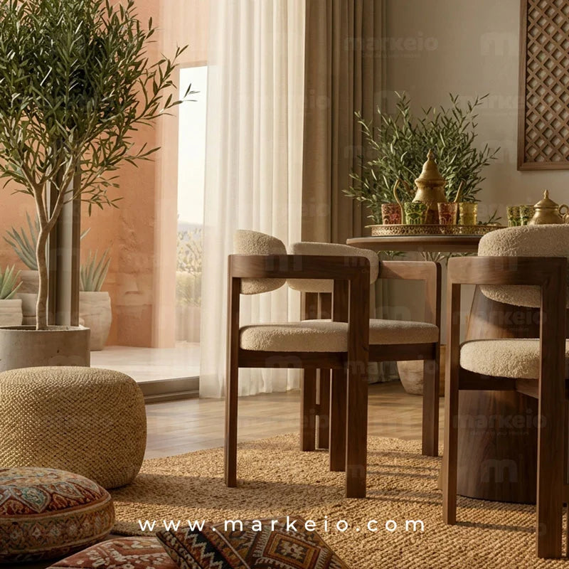 Salle à manger design inspirée du style marocain moderne avec table ronde en bois, chaises confortables et accessoires décoratifs artisanaux.