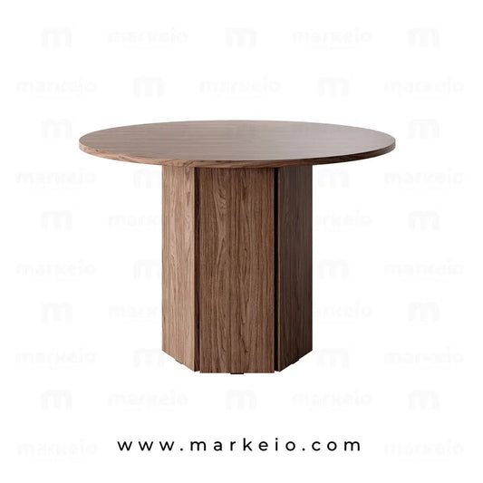 Table à manger Polygo en noyer avec pied central en forme de polygone.