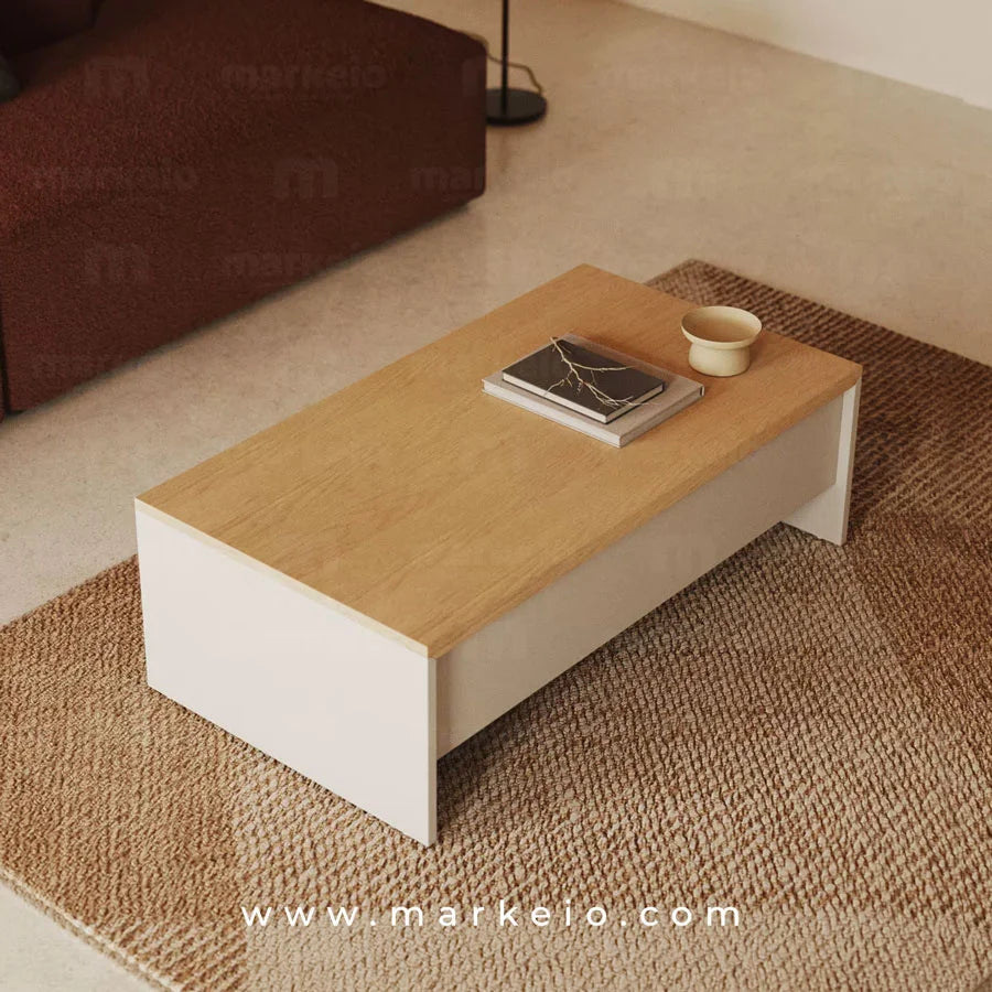 Table basse en MDF laqué blanc et bois de chêne avec rangement.